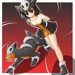  animal_ears bare_shoulders black_hair costume dress gen_2_pokemon houndour leaning_forward lowres moemon paw_shoes personification pokemon pokemon_(creature) red_eyes shoes skull solo tenjou_ryuka 