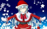  blue_hair blush closed_eyes happy hat highres original ribbon santa_costume smile solo taroimo wallpaper 