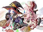  ahoge ayase_yue backpack bag blue_eyes book bunny hat hood kamiya_yuu mahou_sensei_negima! miyazaki_nodoka multiple_girls potion thighhighs witch_hat 