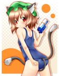  adjusting_clothes adjusting_swimsuit akishisu_(air_balance) animal_ears brown_hair cat_ears cat_tail chen earrings hat highres jewelry multiple_tails one-piece_swimsuit school_swimsuit short_hair solo swimsuit tail touhou water_gun 
