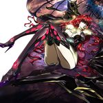  blue_eyes crossed_legs demon_girl elbow_gloves garter_straps gloves high_heels lace long_hair lying on_back original q_azieru red_hair shoes skull solo succubus tail thighhighs 