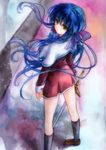  bad_id bad_pixiv_id blue_hair green_eyes kanon kawasumi_mai legs long_hair looking_back ne-on ponytail red_skirt school_uniform skirt solo sword traditional_media watercolor_(medium) weapon 