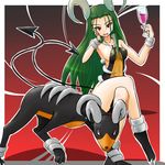  alcohol bare_shoulders breasts chin_rest costume crossed_legs cup demon_tail drinking_glass fangs gen_2_pokemon green_hair horns houndoom long_hair lowres medium_breasts moemon personification pokemon pokemon_(creature) red_eyes sitting solo tail tenjou_ryuka wine wine_glass 