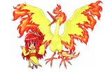  bird chibi costume fiery_wings fire gen_1_pokemon hair_ornament japanese_clothes kimono kin-san_(sasuraiga) long_hair moemon moltres open_mouth orange_eyes outstretched_arms personification pokemon pokemon_(creature) red_hair sandals spread_arms tabi wings 