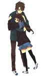  1girl agn bad_id bad_pixiv_id brown_eyes brown_hair cardigan genderswap genderswap_(mtf) hand_on_head height_difference hug kita_high_school_uniform koizumi_itsuki kyonko long_hair ponytail school_uniform serafuku suzumiya_haruhi_no_yuuutsu tall thighhighs 