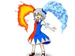  achi_cirno alternate_color alternate_element asymmetrical_clothes cirno fire fusion ice parody sanzugawa short_hair silver_hair solo the_legend_of_zelda touhou twinrova twintails wings yellow_eyes 