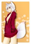  ahoge animal_ears bad_id bad_pixiv_id bottomless breasts cleavage dog_ears earrings eyebrows heart highres hood hood_down hoodie jewelry kamata_yuuya medium_breasts no_bra open_clothes open_shirt original red_eyes shirt smile solo tail white_hair 