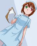  brown_hair clipboard from_below heterochromia kurai_(cry) nurse pantyhose rozen_maiden short_hair solo souseiseki 