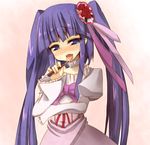  bad_id bad_pixiv_id blue_eyes blue_hair bow choker chopsticks dress flower furudo_erika murazou naughty_face pink_bow ribbon saliva sexually_suggestive solo tears tongue twintails umineko_no_naku_koro_ni 