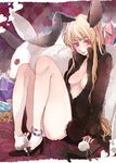  animal_ears anklet bad_id bad_pixiv_id barefoot blonde_hair bottomless breasts bunny bunny_ears cleavage earrings hama_(sleeps) high_heels jewelry long_hair macross macross_frontier medium_breasts red_eyes ring sheryl_nome shoes single_earring single_shoe solo toes unzipped 