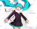  aqua_eyes aqua_hair bad_id bad_pixiv_id blazer hatsune_miku jacket long_hair natuwaya necktie scarf skirt solo twintails very_long_hair vocaloid white_scarf 