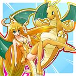  antenna_hair bangs bare_shoulders blonde_hair blunt_bangs costume dragon_girl dragon_wings dragonite gen_1_pokemon horns long_hair lowres moemon monster_girl personification pokemon pokemon_(creature) solo tail tenjou_ryuka thighhighs very_long_hair wings 