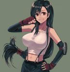  black_hair breasts brown_eyes chourui_keiko detached_sleeves final_fantasy final_fantasy_vii fingerless_gloves gloves grin hand_on_hip highres large_breasts long_hair low-tied_long_hair midriff navel shirt smile solo suspenders taut_clothes taut_shirt tifa_lockhart 