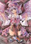  acrylic_paint_(medium) animal_ears crossed_legs frills hands hat legs long_sleeves millipen_(medium) mucco mystia_lorelei open_mouth purple_eyes purple_hair ribbon sample shoes short_hair sitting smile solo thighhighs touhou traditional_media watercolor_(medium) wide_sleeves winged_shoes wings 