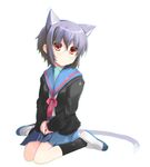  animal_ears bangs black_legwear cardigan cat_ears cat_tail glasses kita_high_school_uniform nagato_yuki school_uniform serafuku shin_(new) shoes short_hair socks solo suzumiya_haruhi_no_yuuutsu tail uwabaki 