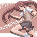  bad_id bad_pixiv_id between_fingers brown_eyes brown_hair hasu_(hk_works) holding_needle long_hair needle school_uniform shirai_kuroko solo sticks sweater_vest thigh_strap throwing_needles to_aru_kagaku_no_railgun to_aru_majutsu_no_index twintails 