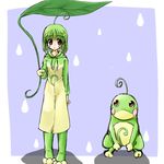  ahoge blush_stickers costume gen_2_pokemon giant_leaf green_hair leaf leaf_umbrella lowres moemon personification pokemon pokemon_(creature) politoed rain raincoat short_hair solo tenjou_ryuka 