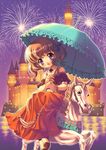  aerial_fireworks castle dress fireworks horse jewelry kusui_aruta necklace night night_sky original parasol purple_eyes short_twintails sky solo twintails umbrella 