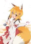  1girl absurdres animal_ear_fluff animal_ears apron blonde_hair blush commentary_request fang flower fox_ears fox_tail hair_between_eyes hair_flower hair_ornament highres japanese_clothes key_visual ladle looking_at_viewer miko official_art open_mouth petals ribbon_trim senko_(sewayaki_kitsune_no_senko-san) sewayaki_kitsune_no_senko-san solo tail yellow_eyes 