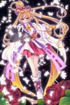  bad_id bad_pixiv_id blonde_hair boots bracelet bug butterfly earrings fan flower foreshortening gloves highres insect jewelry kaitou_jeanne kamikaze_kaitou_jeanne kusakabe_maron legs long_hair mikazuki_sara obi ponytail purple_eyes ribbon rose sash skirt smile solo standing 