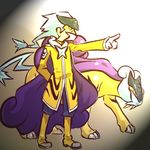  boots cape claws coat costume facial_hair fangs gen_2_pokemon gloves hitec knee_boots male_focus moemon mustache personification pointing pokemon pokemon_(creature) ponytail raikou tail white_hair 