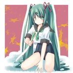  amanero bad_id bad_pixiv_id green_eyes green_hair hatsune_miku highres long_hair no_pants school_swimsuit school_uniform serafuku solo spring_onion swimsuit swimsuit_under_clothes twintails vocaloid 