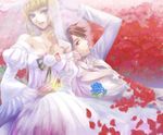  1girl beatrice blonde_hair blue_eyes bridal_veil bride bug butterfly couple dress flower formal good_end hetero insect jewelry petals red_eyes red_hair ring spoilers strib_und_werde suit umineko_no_naku_koro_ni ushiromiya_battler veil wedding wedding_dress wedding_ring 