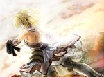  artoria_pendragon_(all) back bare_shoulders blonde_hair fate/stay_night fate/unlimited_codes fate_(series) gauntlets green_eyes highres looking_back nao_(no-44) saber saber_lily solo type-moon 