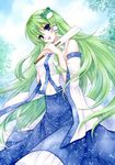  6kusa bad_id bad_pixiv_id blue_eyes detached_sleeves frog green_hair hair_ornament kochiya_sanae long_hair snake solo touhou traditional_media watercolor_(medium) 