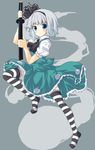  black_hairband blue_eyes fuguno ghost hairband highres konpaku_youmu konpaku_youmu_(ghost) legs no_shoes short_hair silver_hair solo striped striped_legwear sword thighhighs touhou weapon 