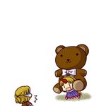  2girls :3 bear blonde_hair chibi horn hoshiguma_yuugi long_hair mizuhashi_parsee multiple_girls o_o pointy_ears short_hair simple_background socha stuffed_animal stuffed_toy teddy_bear touhou |_| 