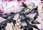  6kusa acrylic_paint_(medium) bad_id bad_pixiv_id dress feathers long_hair lying nib_pen_(medium) pillow purple_eyes rozen_maiden silver_hair solo suigintou traditional_media watercolor_(medium) wings 