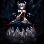  adapted_costume blue_eyes blue_hair bow chair cirno dark dress frilled_dress frills hair_bow jq lace reflection short_hair solo touhou wings 