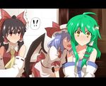  3girls :&lt; akatoro_(nightlord) bare_shoulders bat_wings black_hair blue_hair blush bow collarbone detached_sleeves fangs frog green_hair hair_bow hair_ornament hakurei_reimu hat kochiya_sanae letterboxed multiple_girls red_eyes remilia_scarlet short_hair snake touhou wings yellow_eyes 