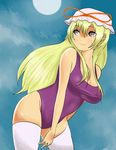  bad_id bad_pixiv_id blonde_hair brown_eyes hat leaning_forward moon one-piece_swimsuit solo soranona_(soranosuke) swimsuit thighhighs touhou yakumo_yukari 