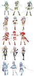  absurdres alternate_hairstyle ankle_cuffs anklet bad_id bad_pixiv_id barefoot character_sheet costume_chart fantasy fingerless_gloves gloves headband highres jewelry midriff multiple_girls original sandals shorts staff sword tima toeless_legwear weapon 