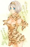  akeome akuta_(dassen) animal_print aqua_eyes axis_powers_hetalia breasts elbow_gloves gloves grey_hair hairband happy_new_year medium_breasts new_year scarf short_hair solo tiger_print translated ukraine_(hetalia) 