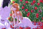  1girl arrancar bad_id bad_pixiv_id black_hair bleach breasts chain cleavage dress espada flower inoue_orihime long_hair medium_breasts orange_eyes orange_hair tomuomi ulquiorra_cifer white_skin 