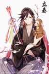  animal arrow bell bell_collar black_hair blue_eyes cherry_blossoms collar crossed_arms dated flower hamaya highres indian_style izumi-no-kami_kanesada japanese_clothes jewelry long_hair looking_at_another low-tied_long_hair male_focus monkey petals plant ribbon single_earring sitting smile solo striped tassel touken_ranbu translation_request tree_branch wonkrin 