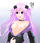  absurdres adult_neptune aircell assisted_exposure breasts choker cleavage d-pad d-pad_hair_ornament hair_ornament highres hood hooded_track_jacket jacket long_hair looking_at_viewer neptune_(series) nipples purple_eyes purple_hair solo_focus track_jacket unzipped 