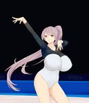  breasts covered_navel covered_nipples cowboy_shot highres huge_breasts leotard long_hair looking_at_viewer nehani_(tworship) outstretched_arm pink_eyes ponytail purple_hair solo very_long_hair 