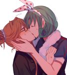  aoki_shizumi bad_id bad_pixiv_id blush brown_eyes brown_hair closed_eyes french_kiss glasses hair_bun hair_ribbon idolmaster idolmaster_million_live! kiss multiple_girls polka_dot_ribbon ribbon saliva saliva_trail sweatdrop tenkuubashi_tomoka tokugawa_matsuri white_background yuri 