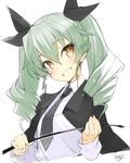  anchovy anzio_school_uniform black_ribbon blush cape drill_hair girls_und_panzer green_hair grin hair_ribbon minoa_(lastswallow) necktie ribbon riding_crop school_uniform simple_background smile solo teeth twin_drills white_background yellow_eyes 