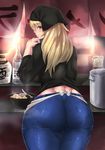  ass blonde_hair breasts brown_eyes curvy denim egg food highres jeans kuchibue_(tanima_club) large_breasts long_hair looking_at_viewer looking_back noodles original pants ramen smile solo thick_thighs thigh_gap thighs wide_hips 