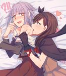  aoki_shizumi bare_shoulders black_gloves blush brown_hair commentary_request fang gloves hair_ribbon heart idolmaster idolmaster_cinderella_girls koshimizu_sachiko long_hair multiple_girls open_eyes open_mouth purple_hair ribbon sakuma_mayu short_hair sweatdrop yuri 