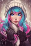  2016 artist_name bangs beanie black_gloves blue_hair blush coat eyelashes fur-trimmed_coat fur_trim gloves hair_ornament hairclip hat light_smile lipgloss lips long_hair long_sleeves looking_at_viewer makeup mascara mole mole_under_eye motion_blur multicolored_hair natasha_(enijoi) original parted_lips pink_hair snowflakes snowing solo swept_bangs two-tone_hair upper_body winter_clothes winter_coat 