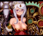  bare_shoulders breasts cleavage clock elbow_gloves glasses gloves jyon large_breasts letterboxed purple_eyes puzzle_&amp;_dragons smile solo upper_body urd_(p&amp;d) white_hair 