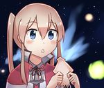  anchor blonde_hair blue_eyes brown_hair capelet commentary galaxy graf_zeppelin_(kantai_collection) holding ido_(teketeke) kantai_collection long_hair meme parody solo space space_cat_(meme) squid star_(sky) triangle_mouth twintails wide-eyed 