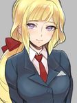  bangs blazer blonde_hair blunt_bangs bow cutiebell eyelashes grey_background gundam gundam_tekketsu_no_orphans hair_bow hair_ribbon jacket kudelia_aina_bernstein long_hair looking_at_viewer low_ponytail necktie ponytail purple_eyes ribbon sidelocks simple_background sketch smile solo upper_body very_long_hair 