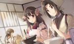  2girls ahoge animal_ears anju_(utawarerumono) black_hair blush_stickers bow bowl braid brown_eyes brown_hair choker cooking cream detached_sleeves eating frills hair_bow hair_intakes haku_(utawareru_mono) head_scarf japanese_clothes kappougi leopard_tail long_hair miton_(ton321) mixing_bowl multiple_braids multiple_girls ribbon-trimmed_sleeves ribbon_trim rurutie_(utawareru_mono) sitting sketch sleeves_rolled_up smile spatula tail tasuki twin_braids utawareru_mono utawareru_mono:_itsuwari_no_kamen window yellow_eyes 